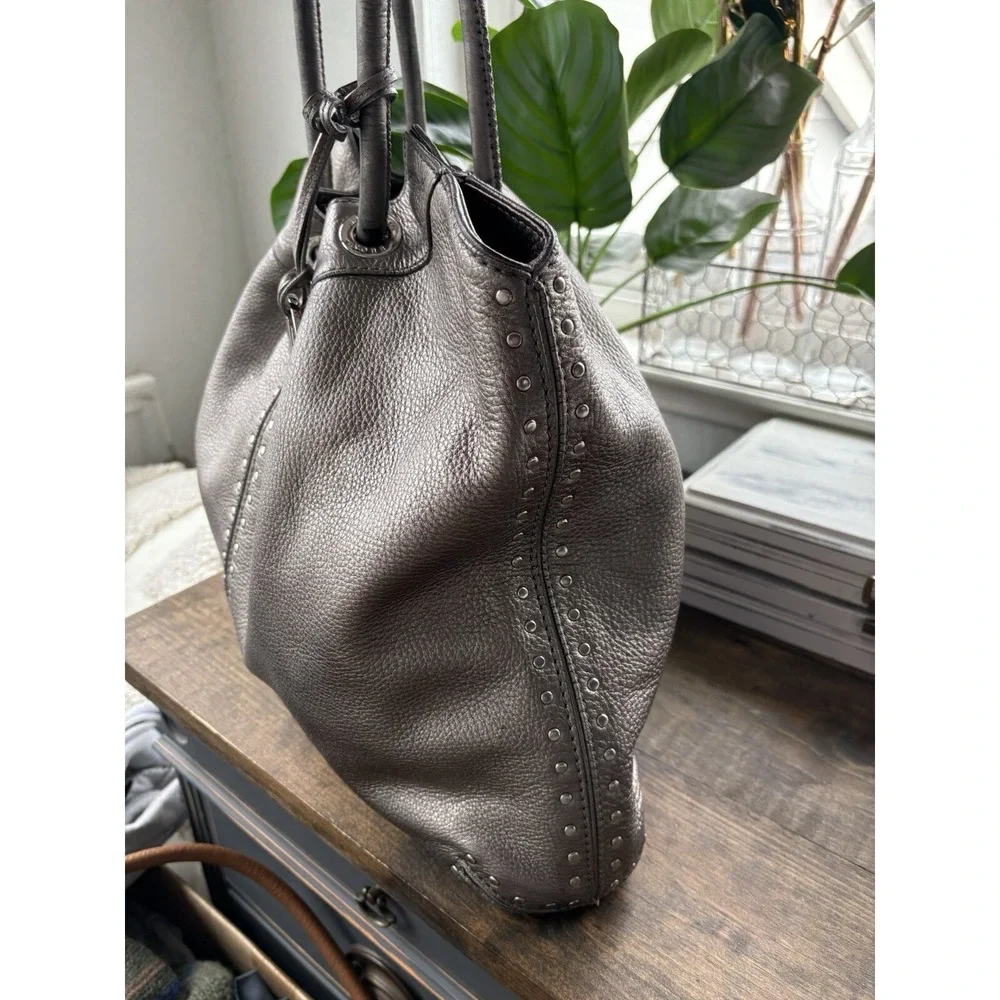 Michael Kors Metallic Pewter Pebbled Leather Studded Double Handle Tote Handbag